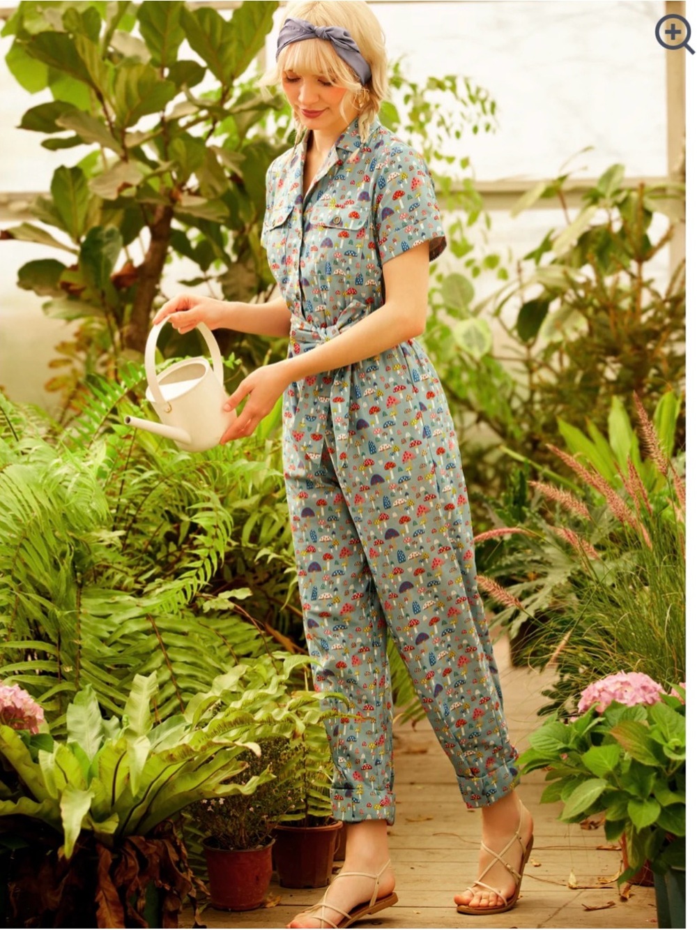 Modcloth Blue Printed Short-Sleeve Button Jumpsuit